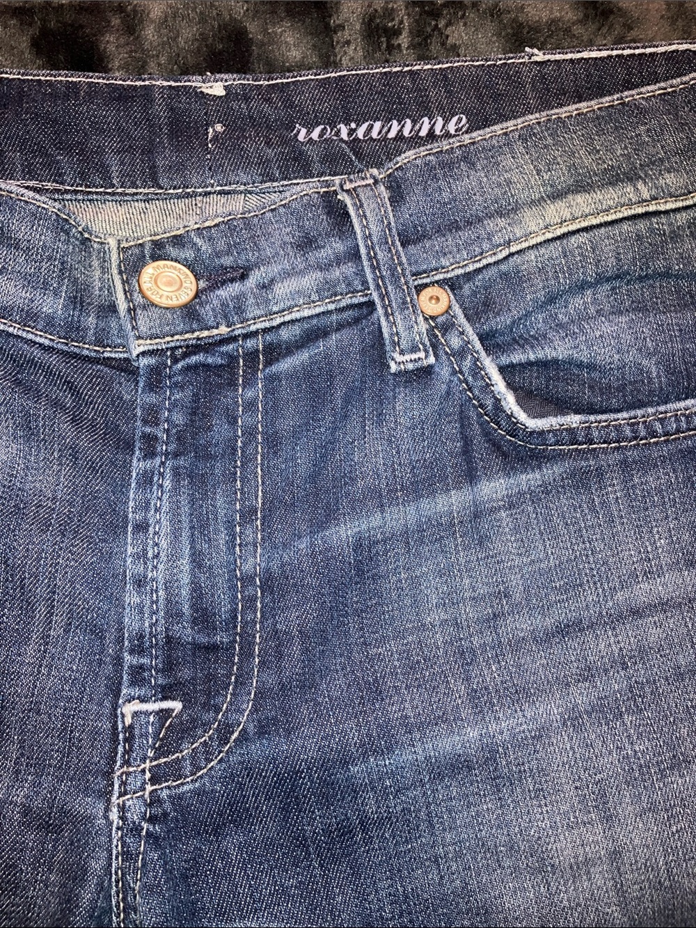 7 For All Mankind Roxanne Straight Leg Mid Rise Jeans — Dark Blue Denim